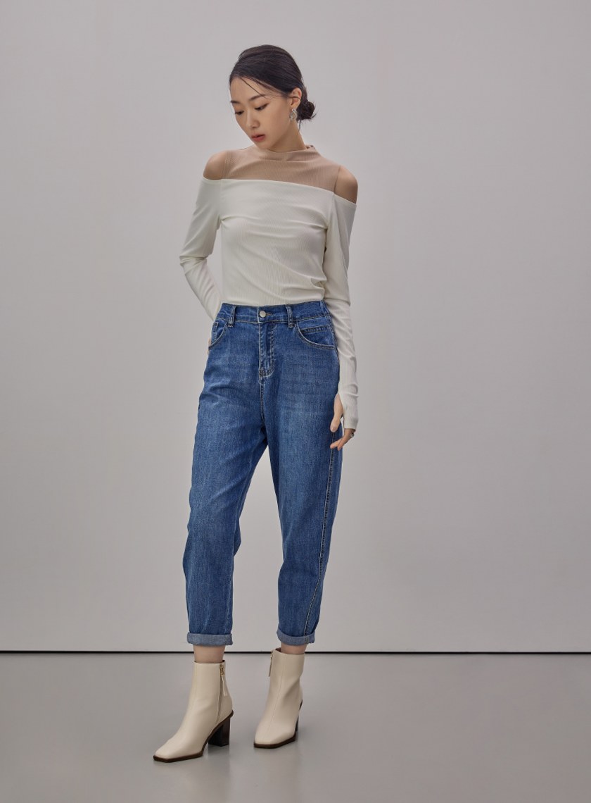 挖肩拼色細節長袖上衣